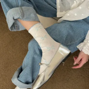 Japanese sweet style women mid-tube socks cute blue bow design spring summer breathable casual