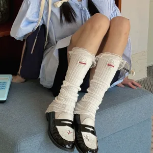 Japanese style white ruffled leg warmers for women, sweet cute knit socks with red embroidery.