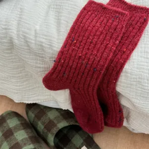 Thick woolen knit socks detail view, cozy winter cashmere blend fuzzy socks for women.