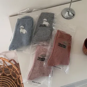 Cute wool blend crew socks with colorful dots and sweet puppy pattern for autumn winter.
