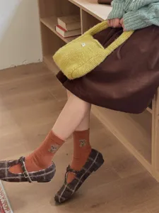 Cute puppy patterned wool blend mid-calf socks detail, soft and cozy winter daily wear style.