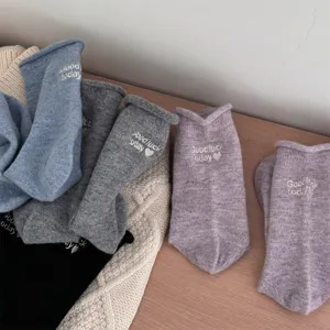 Cozy knit roll-cuff wool socks with cute embroidery, soft winter warm stacked socks for women