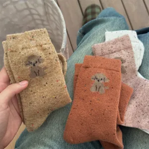 Women cute puppy speckled knit mid-tube socks cozy soft autumn winter casual hosiery.