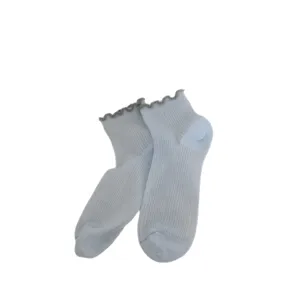 Damen Hellblaue Socken in mittlerer Länge mit grauem Rüschenrand, atmungsaktive Rippsocken.