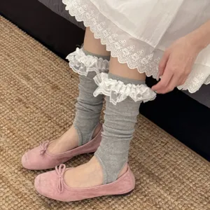 Women Sweet Ins Style Cotton Blend Stacking Socks Solid Color Ruffled Lace Trim Stirrup Mid Tube Socks Fashion Hosiery