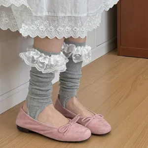 Grey stirrup socks with white lace ruffles for women, cute hosiery main product view