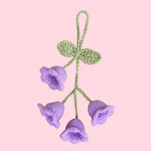 Handmade crochet lily of the valley flower hanging pendant keychain accessory detail