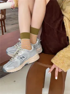 Women's stylish color-contrast ribbed striped mid-tube socks casual autumn winter cozy fashion hosiery