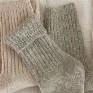Cozy knitted wool blend socks detail, soft thick winter warm socks texture, neutral tone.