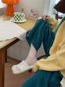 Cozy pink ribbed knit mid-tube socks for women winter thermal warm daily wear cozy style