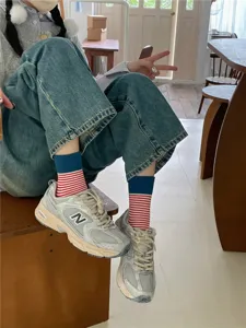 Women casual contrast color striped crew socks stylish cotton knit hosiery daily wear