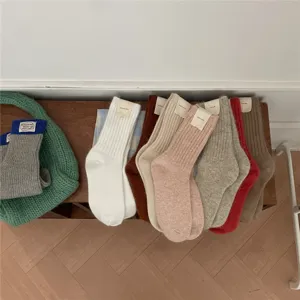 IOULOR solid color rabbit hair thick striped warm women winter ins style mid tube socks