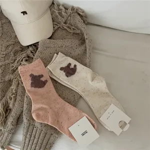 Cute dog pattern mid-tube socks for women, soft knit cozy casual colorful speckle fashion hosiery.