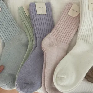 IOULOR thick warm winter socks for women solid color ribbed mid tube casual hosiery