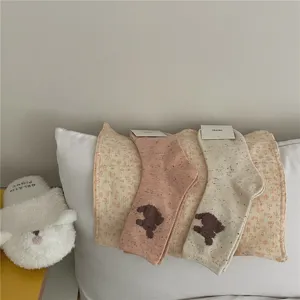 Cute puppy embroidered mid-tube socks for women soft casual everyday cotton hosiery