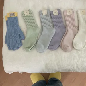 Thickened knit winter socks and gloves set, solid color cozy mid-tube warm woolen hosiery.
