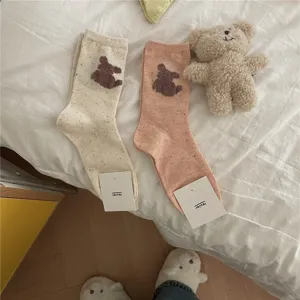 Cute speckled mid-calf women socks with bear patch cozy casual fashion hosiery daily wear