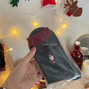 Christmas wool socks mid-tube dark grey with red cuff and cute Santa Claus embroidery