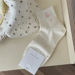 Cute polka dot mid-tube socks with dog embroidery, soft breathable fabric for daily wear.