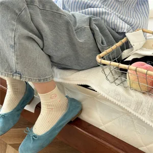 Comfortable ribbed short socks with cute embroidery design, soft and breathable casual spring wear.