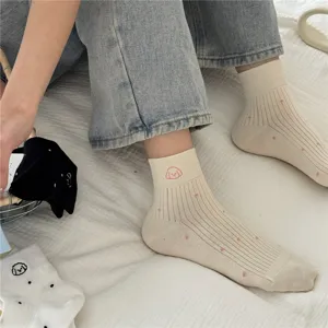 Cute cotton ribbed short socks with sweet polka dots and lovely dog embroidery for women.