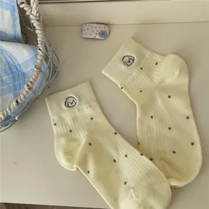 Cute yellow polka dot socks with lovely puppy embroidery, breathable casual ankle socks for women.