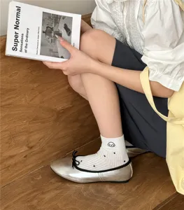 Cute puppy embroidered polka dot short socks, soft and breathable fabric for daily wear.