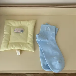 Light blue polka dot cotton short socks with cute bear embroidery for women daily wear