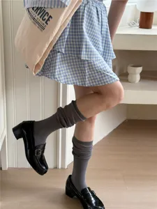 Comfortable grey slouch socks for women, stylish Japanese style high socks for daily wear.