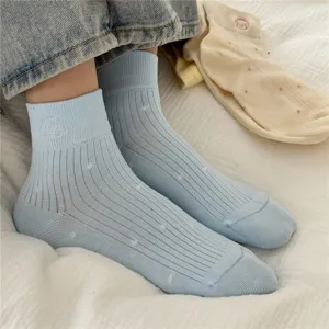 Light blue ribbed short socks with cute dots and puppy embroidery for women comfort spring.