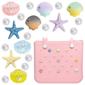Ocean theme shoe charms set featuring colorful resin seashells, starfishes and pearls for DIY decoration.