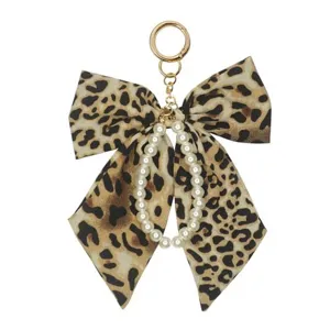 Modischer Leo-Print Schleife Schlüsselanhänger mit Perlenkette und goldenem Ring für Taschen