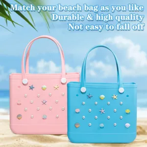 Colorful EVA beach tote bags with resin starfish, shell, and pearl DIY accessories.
