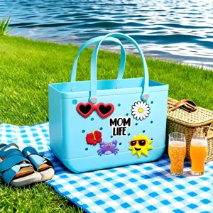 Cute EVA beach bag charms and accessories set with letters and floral designs for summer.