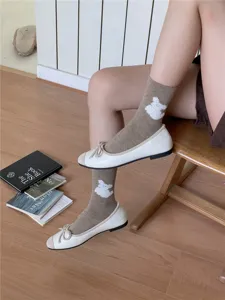 Cute fluffy dog pattern mid-calf cotton socks for women, sweet casual daily wear detail view.