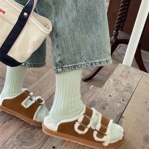 Women winter cozy mid-tube socks light green thick ribbed knit warm socks casual daily wear