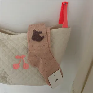 Charming pink speckled cute bear pattern mid-tube knit socks product detail view.