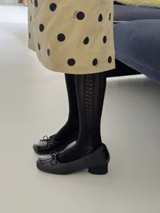 Detailopname van zwarte panty's met patroon, elegante zwarte schoenen en een stippenrok.