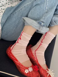 Pink ice silk footless leg warmers and stylish mesh socks detail view for women summer daily wear.