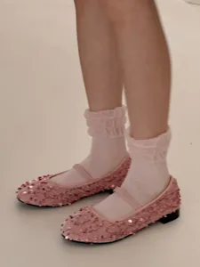 Damen rosa Pailletten Ballerinas mit Rüschensocken, süße Frühlings Sommer Alltagsschuhe.