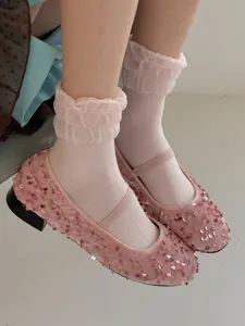 Rosa Seiden Rüschen Socken, süßer Ballett Stil Damen Sommer atmungsaktive Socken Detail.