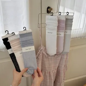 Chaussettes Mi-Mollet Douces de Style Japonais avec Garniture en Dentelle Mélange de Coton Respirant Couleur Unie Quotidien Décontracté pour Femmes