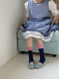 Korean style color-block frilled leg warmers for women, thin breathable footless socks.