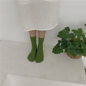 Vue détaillée de chaussettes en coton vert uni portées aux pieds, fond minimaliste épuré.
