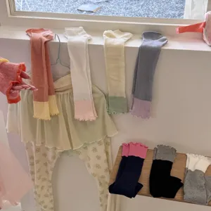 Korean style color-blocked ruffle leg warmers for women, thin breathable spring summer socks.