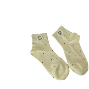 Women cute polka dot short socks cream yellow breathable cotton casual daily wear comfort