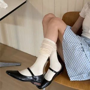 Women's Japanese Style Slouch Socks Solid Color Cotton Breathable Hollow Out Mesh Casual Long Socks