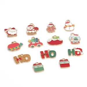 Christmas alloy drop oil enamel charms pendants close-up view for DIY jewelry making.