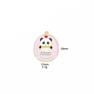 Cute panda calendar enamel charm pendant detail, pink oval metal jewelry accessory 28mm
