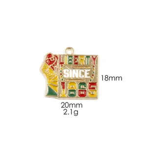Metal enamel pendant charm detail view, Juneteenth themed design, alloy material.